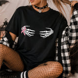 Halloween Funny Groping Skeleton Hands On Boobs Breast Cancer Ribbon Shirt