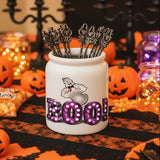 Halloween Candy Ceramic Jar/ Purple Marquee Letter Lights BOO! With Funny Ghost Sugar/ Tiered Tray Jar Décor With Cork Lid Kitchen Gift