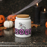 Halloween Candy Ceramic Jar/ Purple Marquee Letter Lights BOO! With Funny Ghost Sugar/ Tiered Tray Jar Décor With Cork Lid Kitchen Gift