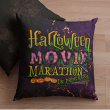 Halloween Throw Pillow Cover/ Halloween Movie Marathon In Progress Purple Orange Marquee Letter Lights On Purple Typography Decor