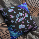 Halloween Pillow Cover/ Boo Glam Blue And Purple Ghosts, Witch Hat, Pumpkins, Moon And Stars