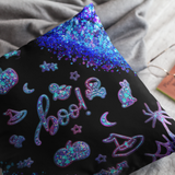 Halloween Pillow Cover/ Boo Glam Blue And Purple Ghosts, Witch Hat, Pumpkins, Moon And Stars