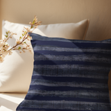 Indigo Blue Stripes Nautical Beach Theme Linen Texture Watercolor Design, Coastal Home Decor Pillow Cover
