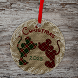 Disney Christmas Ornament/ Plaid Mickey And Minnie Mouse Burlap Holiday Ceramic Ornament/ 2023 Disney Merry Christmas Gift Tag