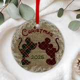Disney Christmas Ornament/ Plaid Mickey And Minnie Mouse Burlap Holiday Ceramic Ornament/ 2025 Disney Merry Christmas Gift Tag