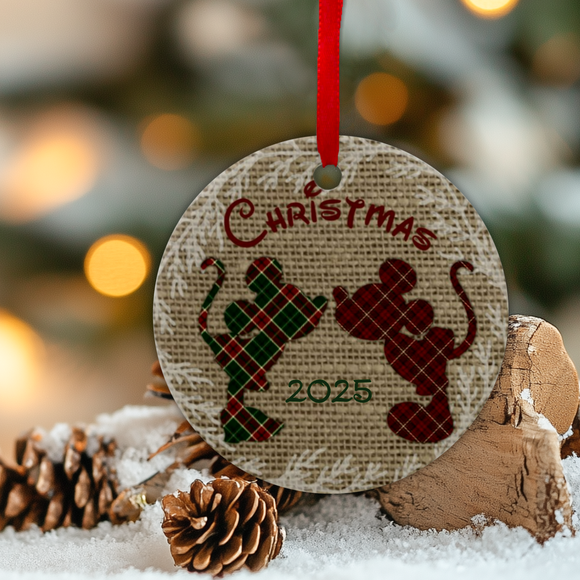 Disney Christmas Ornament/ Plaid Mickey And Minnie Mouse Burlap Holiday Ceramic Ornament/ 2025 Disney Merry Christmas Gift Tag