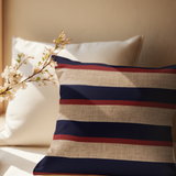 Nautical Navy Blue & Red Stripes, Sailing Theme, Sandy Beige Linen Texture, Coastal Home Decor, Pillow Cover