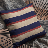 Nautical Navy Blue & Red Stripes, Sailing Theme, Sandy Beige Linen Texture, Coastal Home Decor, Pillow Cover