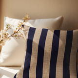 Nautical Navy Blue Stripes Pillow Cover, Sailing Theme, Sandy Beige Linen Texture, Coastal Home Decor