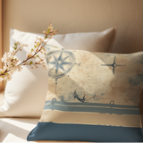 Nautical Old World Map With Blue Stripes Sailing Boating Theme, Sandy Weathered Texture Pillow Cover
