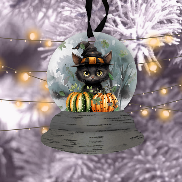 Halloween Snow Globe Ornaments/ Black Cat Witch Hat Pumpkins Tree Ornament