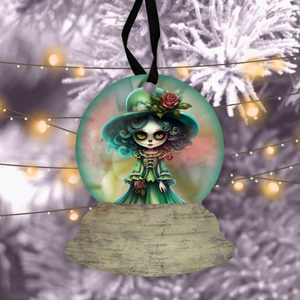 Halloween Day Of The Dead Snow Globe Ornaments/ Emerald Green Dia De Los Muertos Sugar Skull Tree Ornament