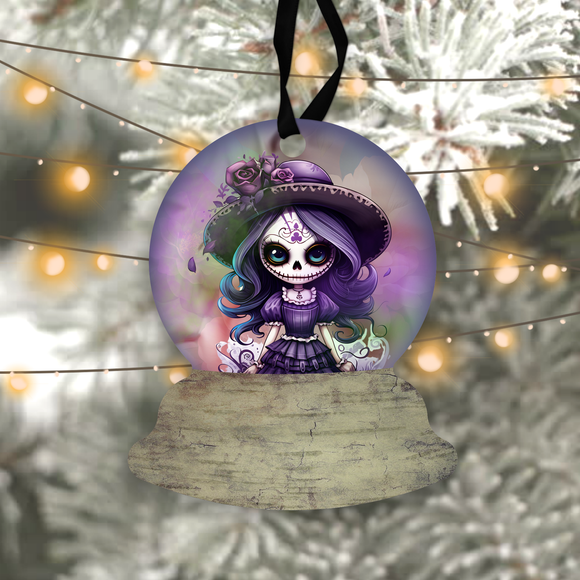 Halloween Day Of The Dead Snow Globe Ornaments/ Purple Dia De Los Muertos Sugar Skull Tree Ornament