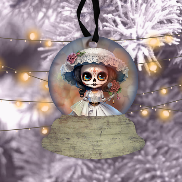 Halloween Day Of The Dead Snow Globe Ornaments/ White Dia De Los Muertos Sugar Skull Tree Ornament
