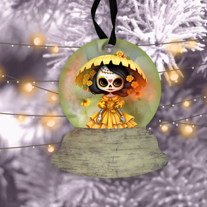 Halloween Day Of The Dead Snow Globe Ornaments/ Yellow Dia De Los Muertos Sugar Skull Tree Ornament