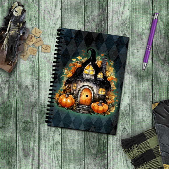 Halloween Journal/ Gothic Fall Fairy Cottage Blue Argyle Notebook/ Diary Gift