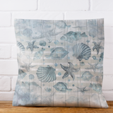 Nautical Throw Pillow Cover/ Watercolor Seashells And Fish Striped Weathered Wood Beach Décor/ Coastal Beach Pillow Gift