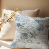 Nautical Throw Pillow Cover/ Watercolor Seashells And Fish Striped Weathered Wood Beach Décor/ Coastal Beach Pillow Gift
