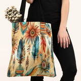 Aztec Tote/ Southwestern Boho Tribal Blue Feathers And Flowers Large Bag  
