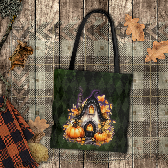 Halloween Tote/ Gothic Fall Fairy Cottage Green Argyle Large Bag