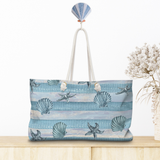 Nautical Tote Rope Handle Bag/ Blue Stripe Watercolor Seashell Illustration Coastal Tropical Large Weekender Beach Bag