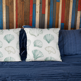 Creamy Natural Taupe And Blue Watercolor Seashells, Morning Blue Coastal Collection, Beach Pillow Cover