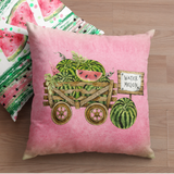 Watermelon Throw Pillow Cover/ Watercolor Pink Green Watermelon Harvest Farmhouse Wood Cart Sign Summer Décor