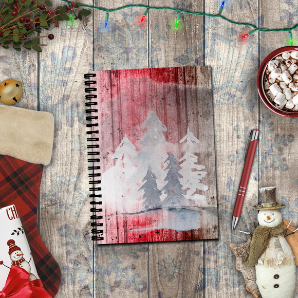 Christmas Journal/ Watercolor Winter Forest Tree Silhouette On Wood Notebook/ Diary Gift