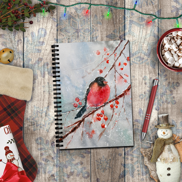 Christmas Journal/ Watercolor Winter Red Robin On Tree Branch Notebook/ Diary Gift