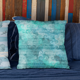 Nautical Throw Pillow/ Watercolor Shells And Waves On Sea Blue Wood Beach Décor/ Coastal Beach Pillow Cover
