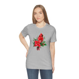 Christmas Shirts/ Red Cardinal With Pine Tree Branches, Holly And Poinsettia Winter Holiday T shirts