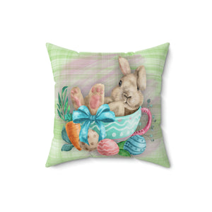 Easter Pillow/ Bunny Rabbit In Teacup With Carrot And Decorated Easter Eggs Spring Décor