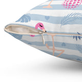 Flamingo Throw Pillow/ Striped Tropical Flamingo, Pineapple Leaves Pink And Dusty Blue Summer Décor