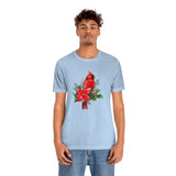 Christmas Shirts/ Red Cardinal With Pine Tree Branches, Holly And Poinsettia Winter Holiday T shirts