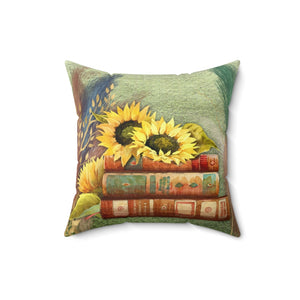 Autumn Fall Pillow/ Watercolor Yellow Sunflowers On Stacked Books With Colored Pampas Grasses Decor