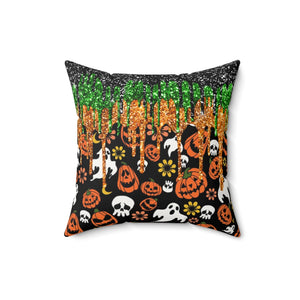 Halloween Jack Olantern Pumpkins, Flying Ghosts And Skulls With Dripping Green, Orange And Black Imaged Glitter