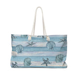 Nautical Tote Rope Handle Bag/ Blue Stripe Watercolor Seashell Illustration Coastal Tropical Large Weekender Beach Bag