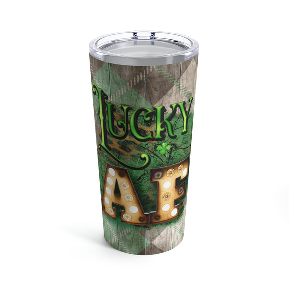 St. Patrick's Day Stainless Steel 20oz Tumbler/ Lucky AF Marquee Lights And Green Argyle On Wood Irish Travel Mug Gift