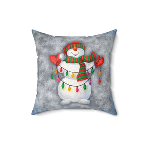 Christmas Pillow/ Watercolor Snowman With Christmas Lights, Hat, Scarf And Mittens On Blue Ombre Winter Background Holiday Décor