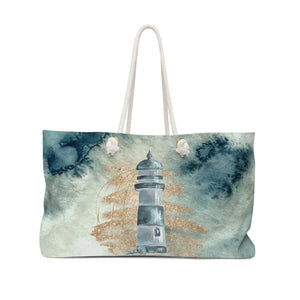 Nautical Tote Rope Handle Bag/ Navy Lighthouse Seashells Watercolor Coastal Tropical Large Weekender Beach Bag