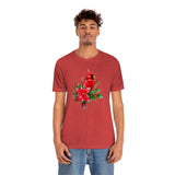 Christmas Shirts/ Red Cardinal With Pine Tree Branches, Holly And Poinsettia Winter Holiday T shirts