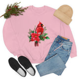 Christmas Cardinal Sweatshirt/ Red Cardinal With Pine Tree Branches, Holly And Poinsettia Winter Holiday Fleece Sweater