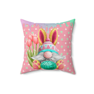 Easter Gnome Pillow/ Bunny Gnome With Tulips On Mint Polkadots And Watercolor Drips Spring Décor