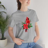 Christmas Shirts/ Red Cardinal With Pine Tree Branches, Holly And Poinsettia Winter Holiday T shirts