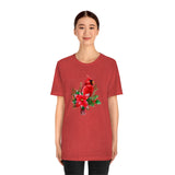 Christmas Shirts/ Red Cardinal With Pine Tree Branches, Holly And Poinsettia Winter Holiday T shirts