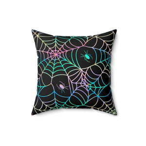 Halloween Throw Pillow/ Retro Neon Green, Pink And Blue Spiders And Webs Decor