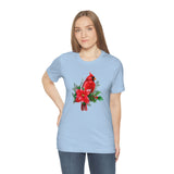 Christmas Shirts/ Red Cardinal With Pine Tree Branches, Holly And Poinsettia Winter Holiday T shirts