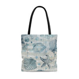Nautical Tote Bag/ Beige White Stripe Watercolor Blue Seashells And Fish Coastal Tropical Large Beach Bag