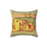 Autumn Fall Pillow/ Watercolor Umbrella, Rain Boots With Orange Leaves On Gold Vintage Journal Background Decor
