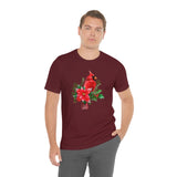 Christmas Shirts/ Red Cardinal With Pine Tree Branches, Holly And Poinsettia Winter Holiday T shirts